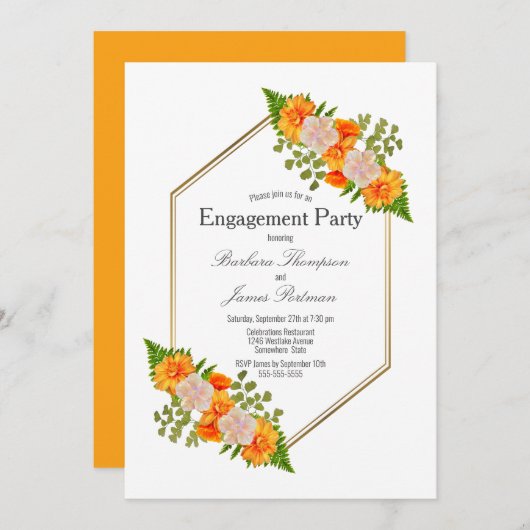 Verlobung Orange Floral Gold Frame Einladung (Vorne/Hinten)