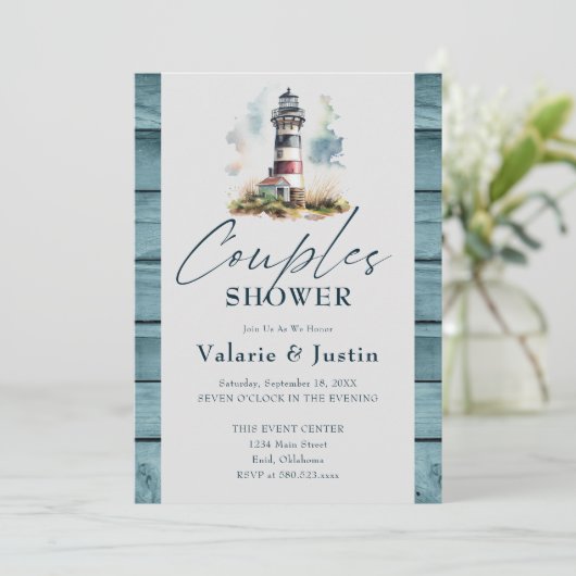 Verlobung Paare Dusche Ozean Leuchtturm Einladung (Stehend Vorderseite)