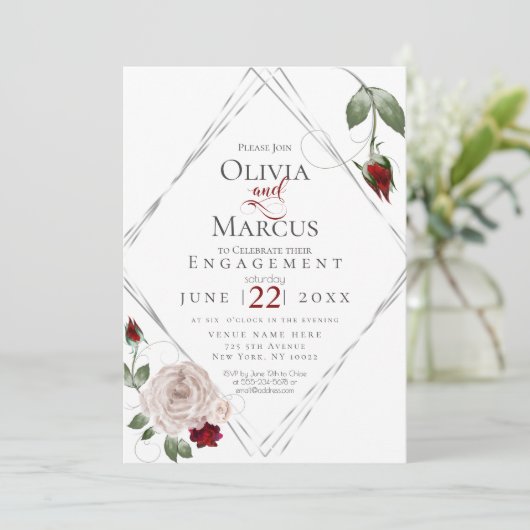 VERLOBUNG | Rote und blaue Rose Einladung (Stehend Vorderseite)