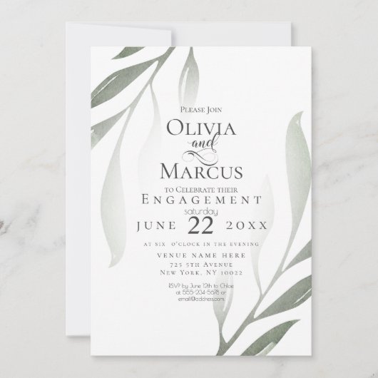 VERLOBUNG | Sage Green Olive Branch Watercolor Einladung (Vorderseite)