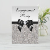 Verlobung Silver Sequins Black Bow Einladung (Stehend Vorderseite)