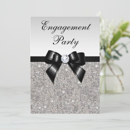 Verlobung Silver Sequins Black Bow Einladung (Stehend Vorderseite)