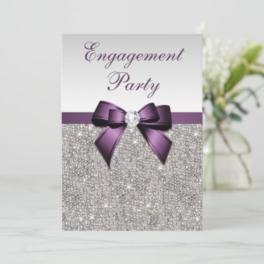 Verlobung Silver Sequins Violet Bow Einladung (Stehend Vorderseite)