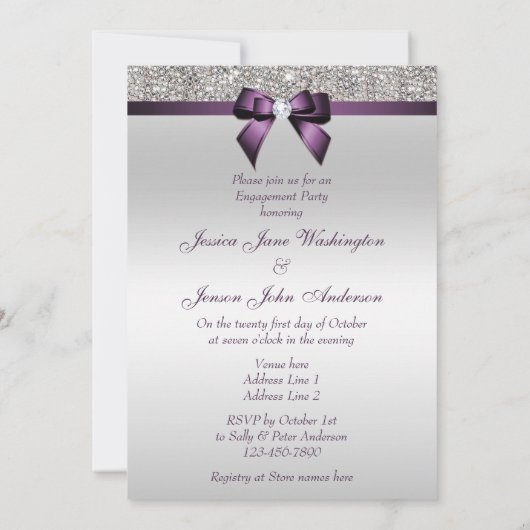 Verlobung Silver Sequins Violet Bow Einladung (Rückseite)