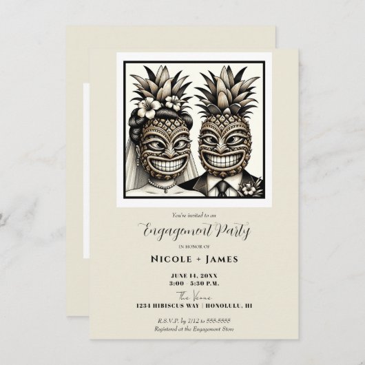 Verlobung von Brien und Groom Aloha Ananas Tiki Einladung (Vorne/Hinten)