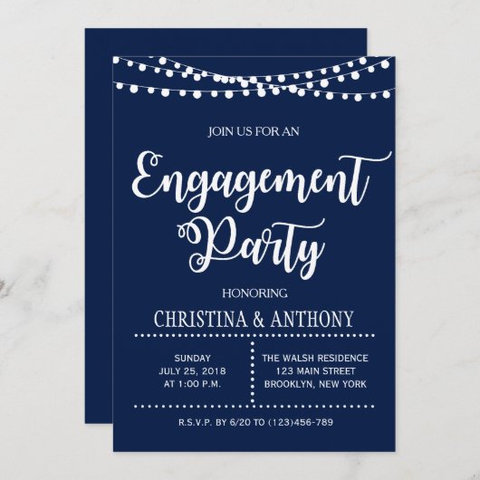 Verlobung von Navy Blue String Lights Einladung (Vorne/Hinten)