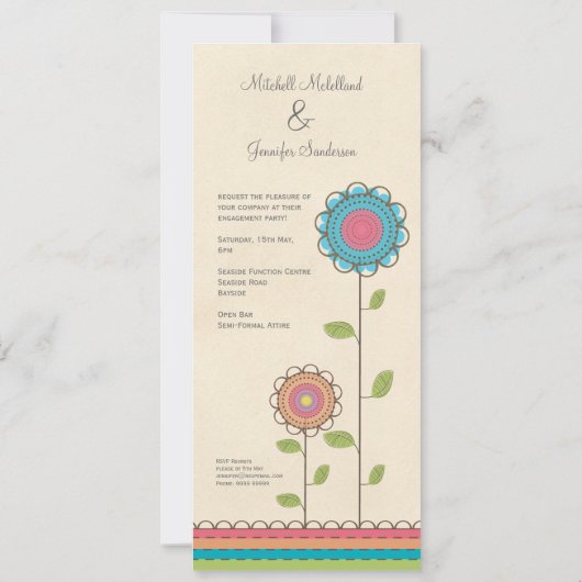 Verlobungs-Party-glückliche bunte Blumen-Einladung Einladung (Rückseite)