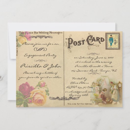 Verlobungs-Party, Vintage, alte Postkartenart Einladung (Vorderseite)
