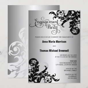 Verlobungsfeier Black Silver Flourish Einladung