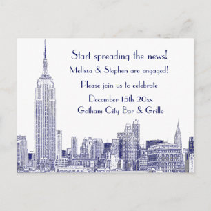 Verlobungsfeier Blau NYC Skyline Etched 01 Einladungspostkarte
