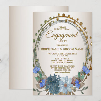 Verlobungsparty Blau Blume Golden Vintage Einladung