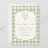 Verlobungsparty Gingham-Blumenmuster Salbeigrün Einladung (Vorderseite)