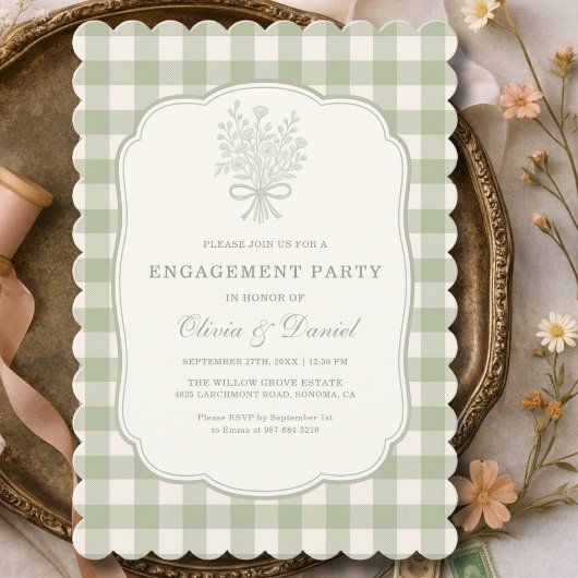 Verlobungsparty Gingham-Blumenmuster Salbeigrün Einladung