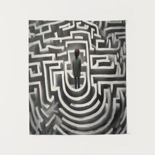 Verloren im abstrakten Schwarz-Weiß-Kunst-Labyrint Wandteppich