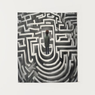 Verloren im abstrakten Schwarz-Weiß-Kunst-Labyrint Wandteppich