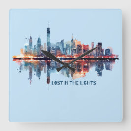 Verloren in den Lichtern - Aquarell-Stadt-Skyline Quadratische Wanduhr