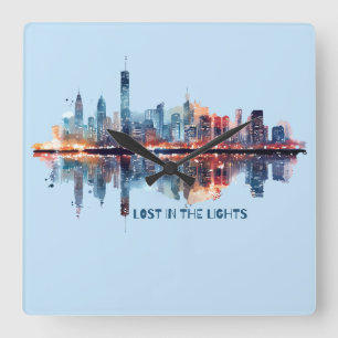 Verloren in den Lichtern - Aquarell-Stadt-Skyline Quadratische Wanduhr