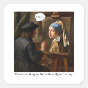 Vermeer bei der Arbeit an Mädchen mit Perlenohrrin Quadratischer Aufkleber