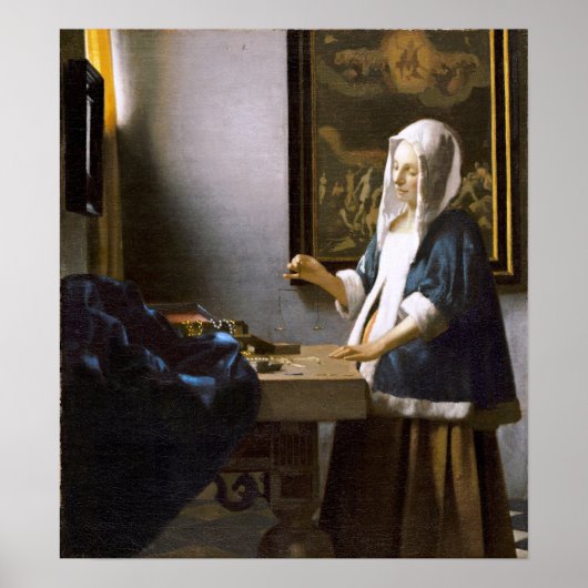 Vermeer: Frau, die ein Gleichgewicht hält Poster (Vorne)