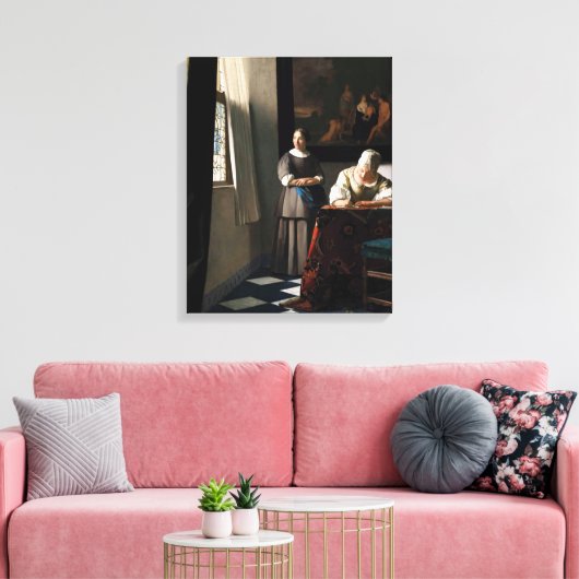 Vermeer - Lady schreibt einen Brief mit ihrer Freu Leinwanddruck (Insitu (Wohnzimmer))