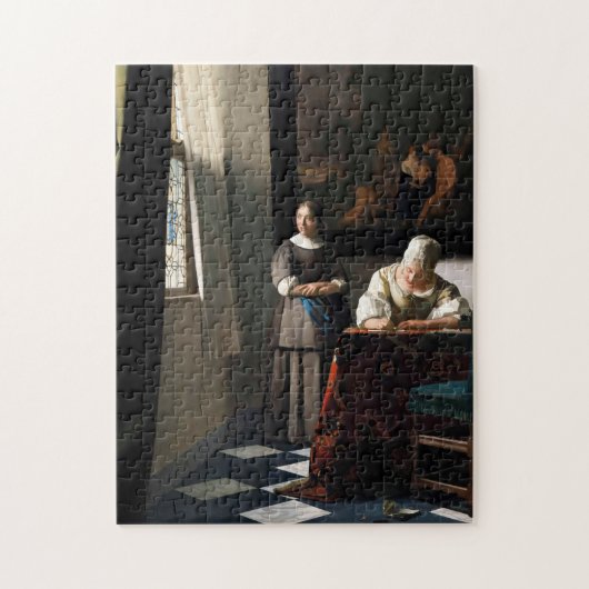 Vermeer - Lady schreibt einen Brief mit ihrer Freu Puzzle (Vertikal)