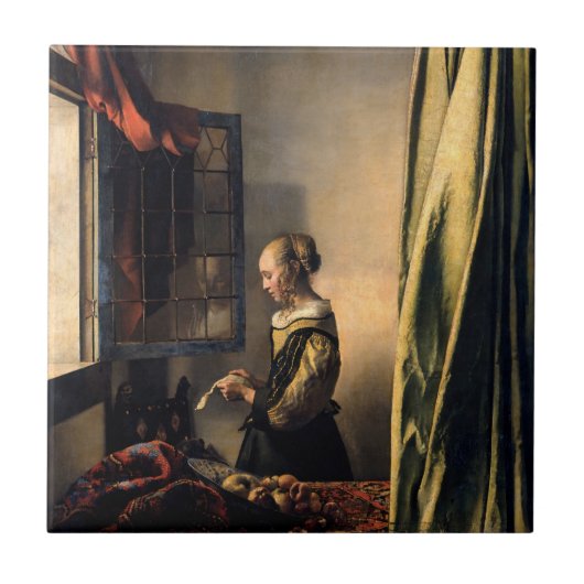 Vermeer - Mädchen, die einen Buchstaben in einem o Fliese (Vorderseite)