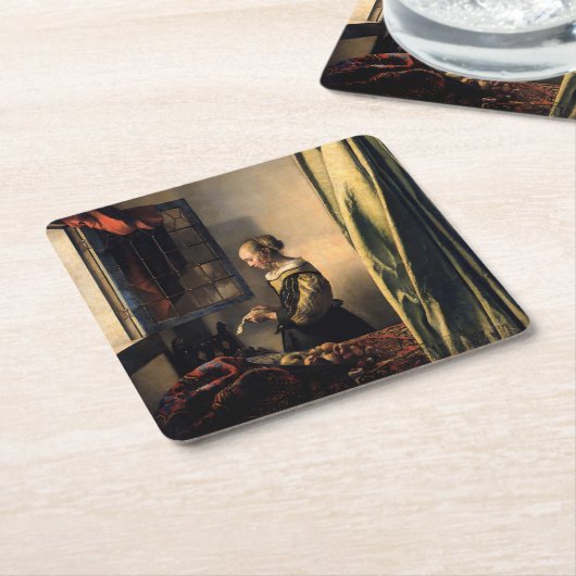 Vermeer - Mädchen, die einen Buchstaben in einem o Rechteckiger Pappuntersetzer (angewinkelt)