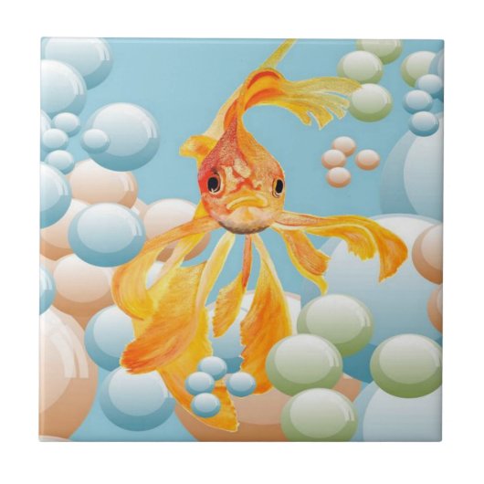 Vermillion Goldfish in Pastelblase Wasser Fliese (Vorderseite)