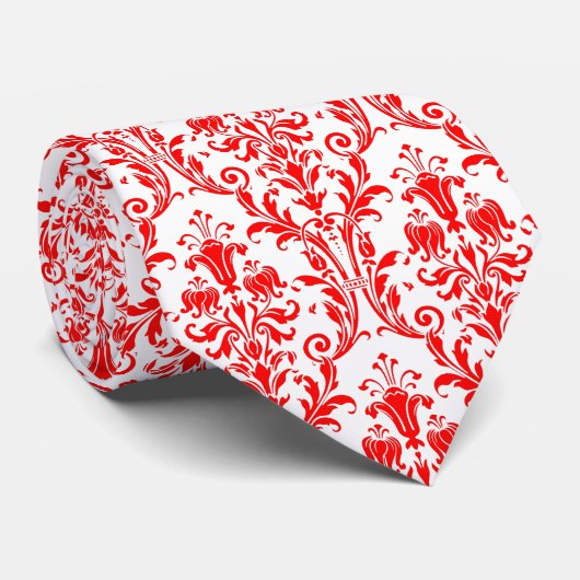 Vermillion Red White Floral Damask Krawatte (Gerollt)