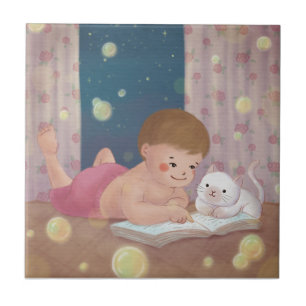 Vermisst Sie: Junge und Katze Illustration Fliese