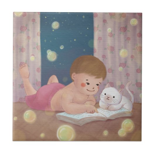 Vermisst Sie: Junge und Katze Illustration Fliese (Vorderseite)