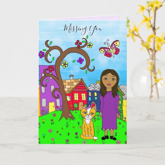 Vermissten Sie, Whimsical Lady and Cat Friendship Karte (Gelbe Blume)