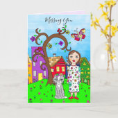 Vermissten Sie, Whimsical Lady and Cat Friendship Karte (Gelbe Blume)