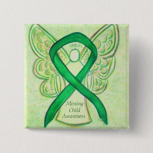 Vermisstes Kind-Grünes Bewusstsein Ribbon-Engel-Bu Button (Vorderseite)