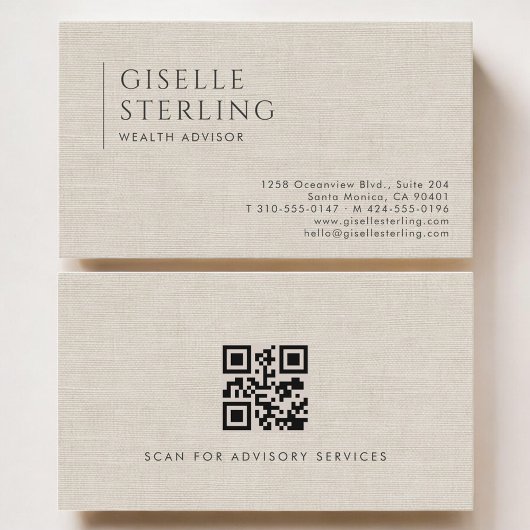 Vermögensberater Luxus Neutraler Leinen QR-Code Visitenkarte