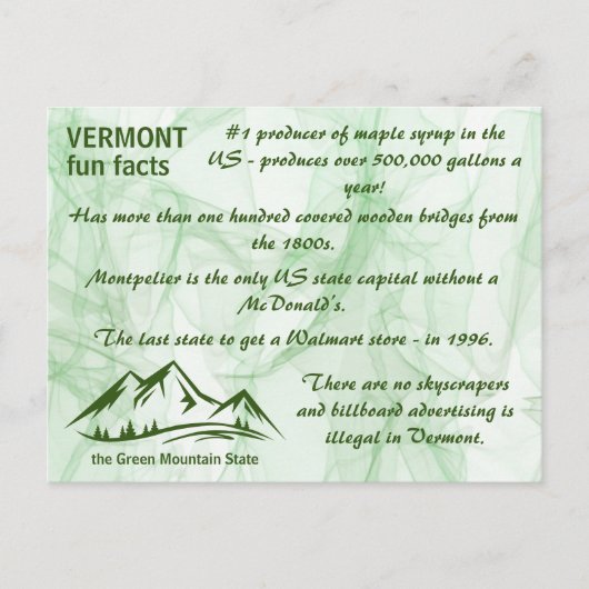 Vermont, der Grüne Staat Spaß Fakten Postkarte (Vorderseite)