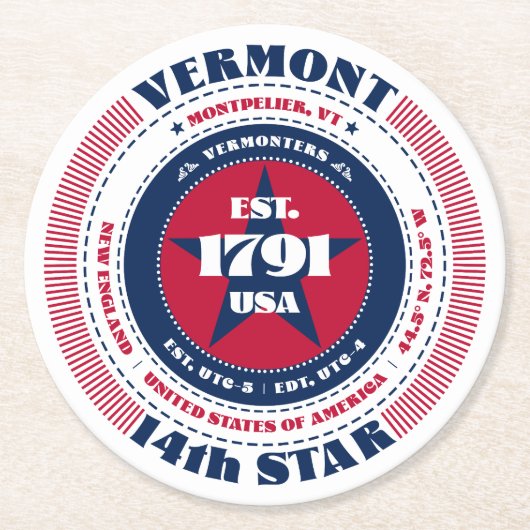 Vermont Red White Blue Typografie Runder Pappuntersetzer (Vorderseite)