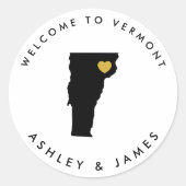 Vermont Wedding Welcome Sticker Tag, Schwarz, Gold (Vorderseite)