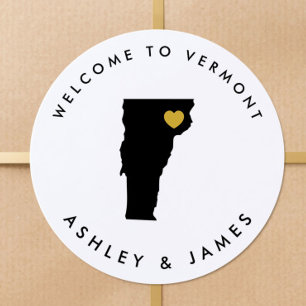 Vermont Wedding Welcome Sticker Tag, Schwarz, Gold