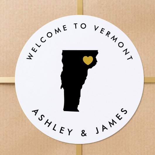 Vermont Wedding Welcome Sticker Tag, Schwarz, Gold