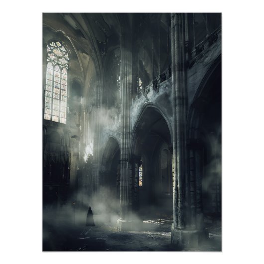 Vermummte Gestalt Verlassene Gotische Kathedrale Poster (Vorderseite)