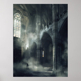 Vermummte Gestalt Verlassene gotische Kathedrale Poster