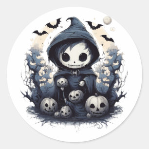 Vermummter Chibi-Sensenmann Halloween - Whimsische Runder Aufkleber