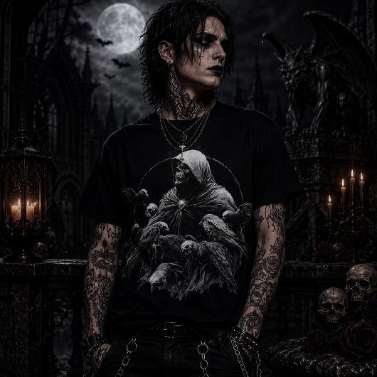 Vermummtes Skelett mit Vögeln T-Shirt