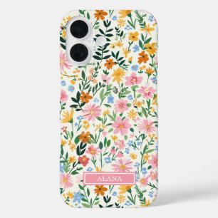 Vernähtes Blumenmuster mit Monogramm iPhone 16 Hülle
