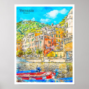 Vernazza Italien vintage Reise Wasserfarbe Poster