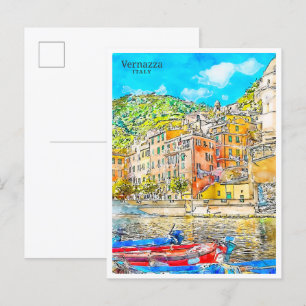 Vernazza Italien vintage Reise Wasserfarbe Postkarte