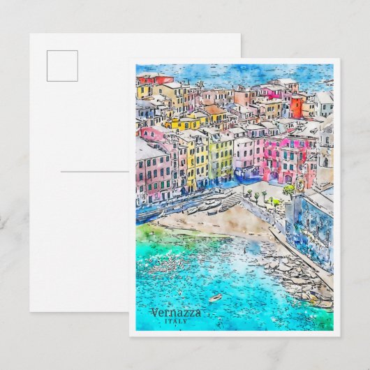 Vernazza Italien Vintage Wasserfarbe Postkarte (Vorne/Hinten)
