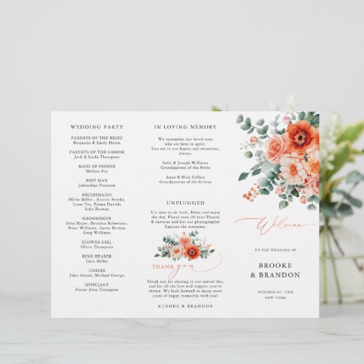 Verona Sunset Bright Orange Modern Wedding Program (Stehend Vorderseite)