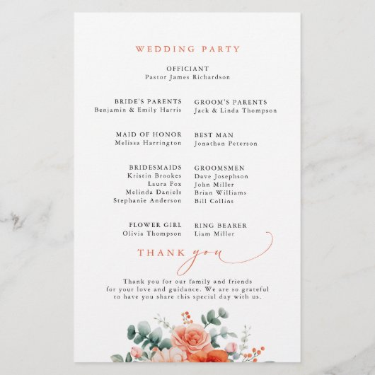 Verona Sunset Bright Orange Modern Wedding Program (Rückseite)